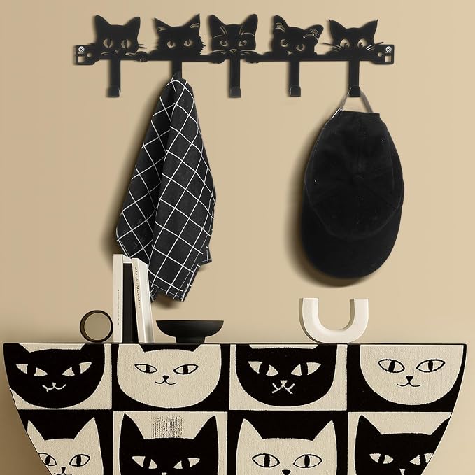 AceOrbit Black Cat Over The Door Hooks Hanger 5 Hooks Kawaii Decor | for Bedroom Bathroom, Organizes Towels Hats Clothes, Farmhouse Decor, Over the Door for Kids