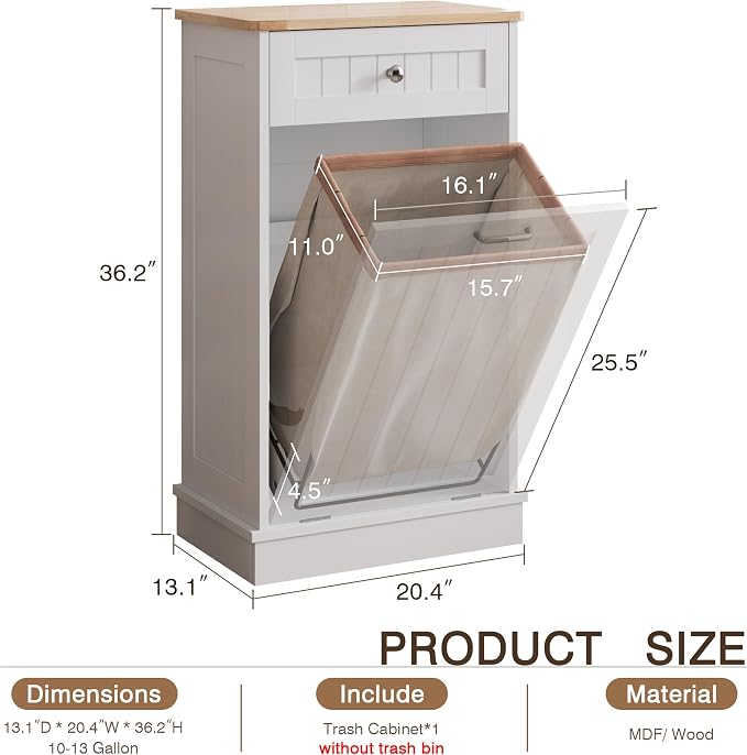 KIGOTY Tilt Out Trash Can Cabinet, Laundry Hamper Cabinet, Kitchen, White