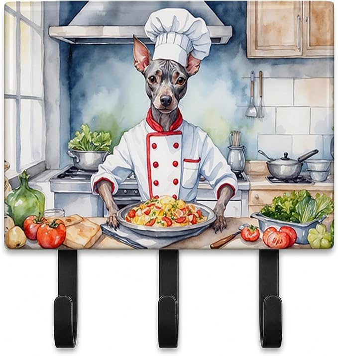 Caroline's Treasures American Hairless Terrier The Chef Leash or Key Holder Wall Hooks, Key Hooks Holder, Coat Rack Wall Mount, Coat Hooks, Hooks for Hanging Keys, Towels, Aprons, Leashes | American Hairless Terrier The Chef artwork on ceramic tile wit...