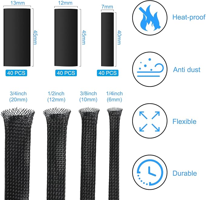 Tatuo 65.6ft Braided Cable Sleeve Expandable Wire Sheathing(Black) | with 120 Heat Shrink Tubing 1/4 in 2/5 in 1/2 in 3/4 in Wire Sleeve Cord Management for Television Audio Computer Video Pets