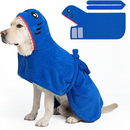 SCENEREAL Dog Bathrobe Fast Drying Towel Microfiber Dog Towel Robe with Hook and Loop Closure & Wrap Tie Snuggle, Super Absorbent Pet Cat Dog Bath Robe Drying Coat, Shark Hood XL