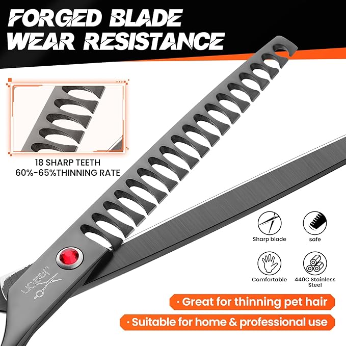 JASON 7" Dog Grooming Scissor - Professional Thinning Chunker Shear with 18 Teeth Japanese Stainless Steel Hair Scissors for Dogs, Cats and Other Pets (Chunker, Black) Christmas Gift
