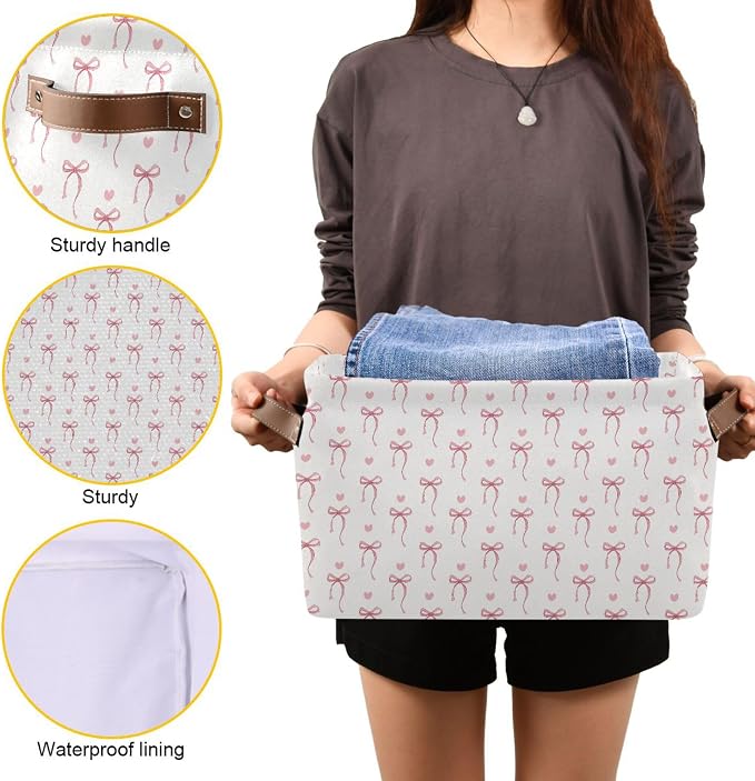 Wamika Pink Ribbon Bow Storage Basket with Waterproof Liner and PU Handles White Bow Tie Cute Storage Bins Boxes 14.2" Collapsible Decorative Organizer Baskets for Bedroom Closet Office 1 Pack