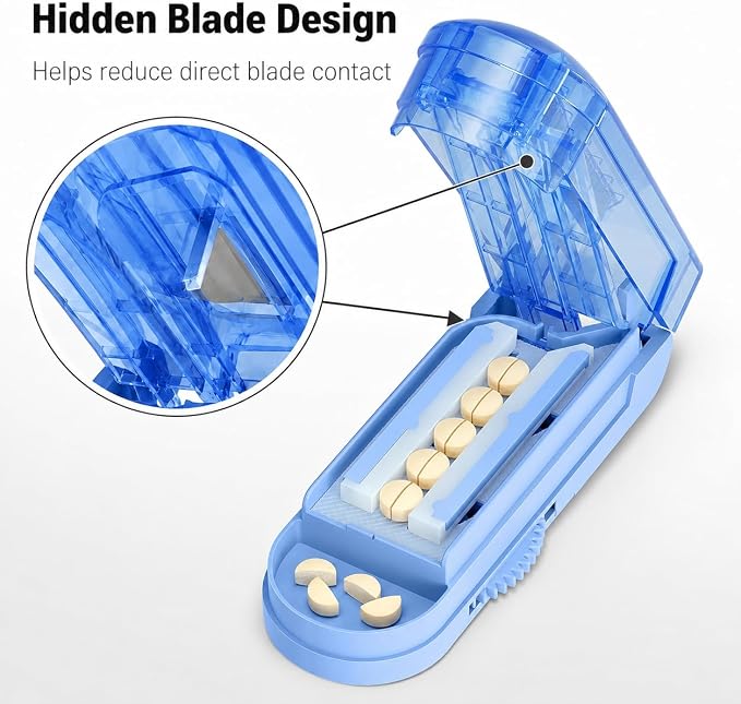 ONE PIX Pill Cutter Splitter for Small and Tiny Pills, Multiple Pill Splitter with Centering Device & Hidden Blade, Adjustable Tablet Cutter for Large Pills, Seniors, Pets, Blue
