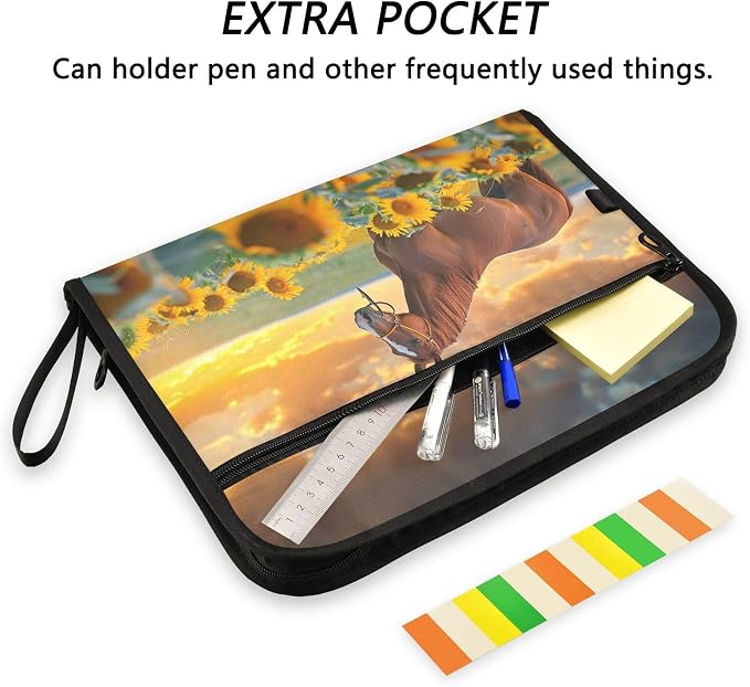 13 Pocket Zipper Expanding File Folder A4 Sunflower Horse | Accordion File Organizer with Front Pouch A4 Letter Size Portable Folders for Documents Receipt School Office Supplies