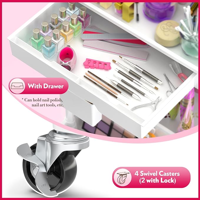 SUNALLY Makeup Cart Organizer with Drawer,4 Tier Rolling Makeup Cart, White | Rolling Vanity Storage for Skin Care Perfume Nail Polish, Floor Skincare Organizers Cosmetics Display Bathroom Storage Cart