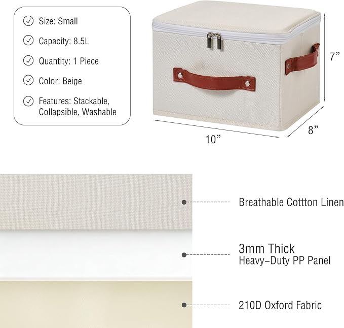 Storage Bin Box with Zippered Lid Decorative Collapsible Basket | Cotton Linen Fabric, Washable Foldable Stackable Clothes Container, Closet Shelf Organizer w/ PU Leather Handles, Beige-Small
