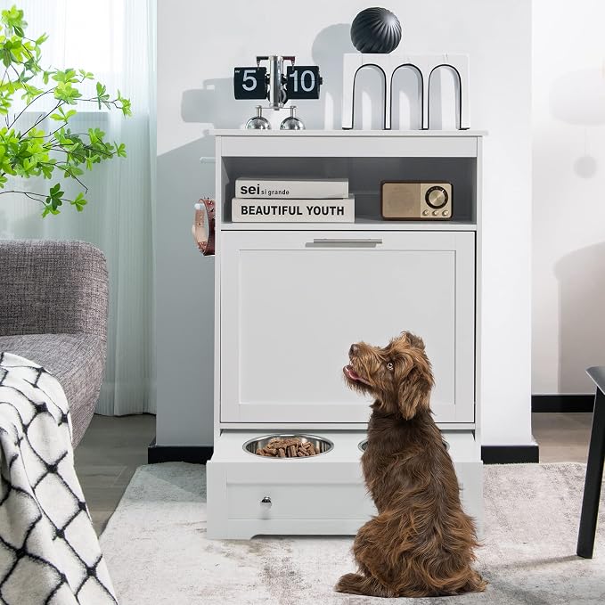 Dog Feeding Station, Dog Food Storage Cabinet w/Double Raised Dog Bowls, Pull Out Design, Large Dog Feeder Station Container for Pets Toy, Feeding & Watering Supplies (White)