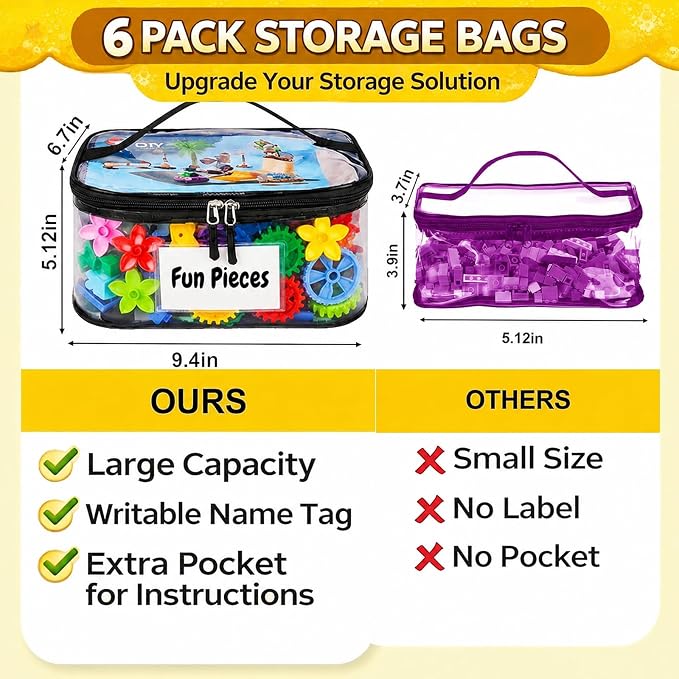6 Pack Clear Toy Storage Bags, Kids Toy Organizer with Zipper | Waterproof PVC, Large Capacity for Puzzles, Blocks & Board Games, Easy Sorting with Labels