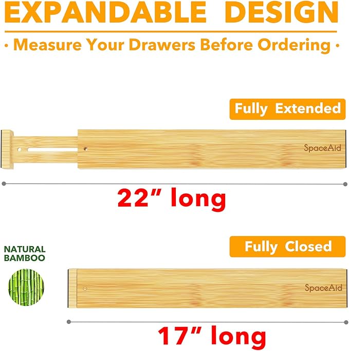 SpaceAid 4 Pack Bamboo Drawer Dividers with Labels, Kitchen Adjustable Drawer Organizers, Expandable Organization for Home Clothes Dressers (17-22 in, Natural)