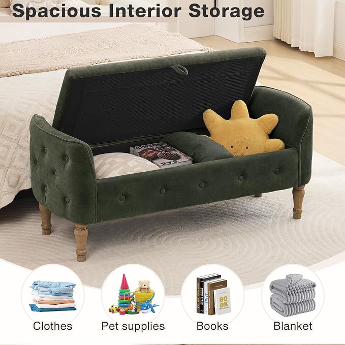 End of Bed Storage Bench King Size,51" Upholstered Bedroom Bench,Green | Linen Storage Bench for Bedroom End of Bed ,2 Cushion, Vintage Wood Legs ,Tufted,Storage Ottoman Bench for Entryway Window
