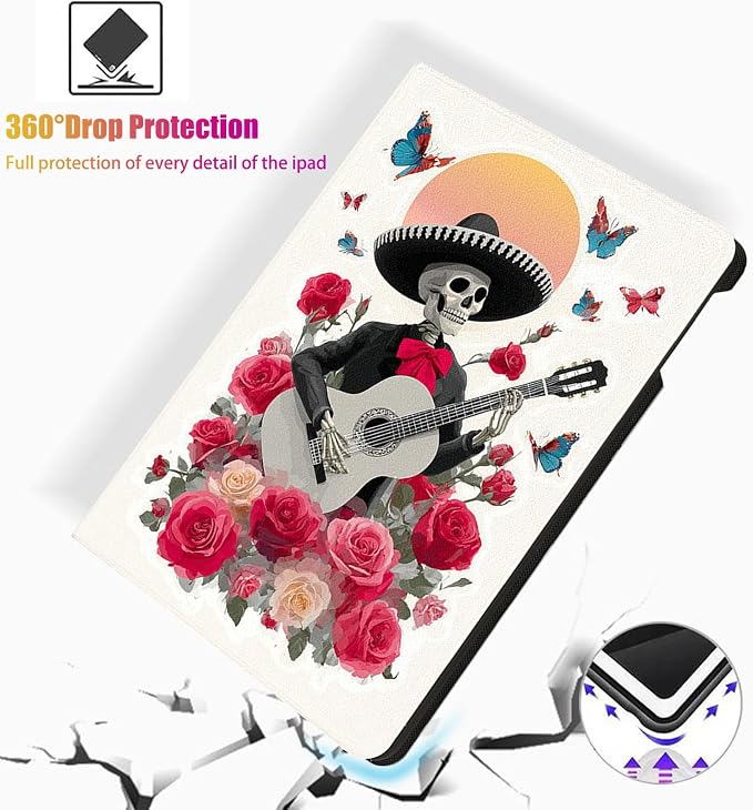 for Microsoft Surface Pro 11/10/9-13" 2024/2022 Tablet Case,Auto Wake/Sleep,Adjustable Stand Protective Cover - Day of The Dead Guitar Skeleton