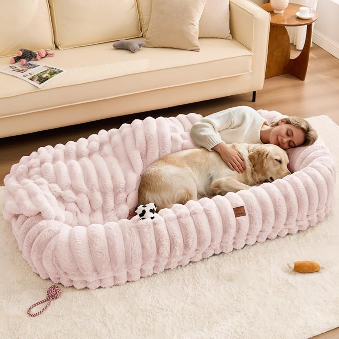 ChiXnuggle Orthopedic Human Dog Bed,Striped Faux Fur Washable Cover,Blanket | pink,72*40*10,giant dog bed for adult or extra large dogs,egg crate foam,non-slip bottom