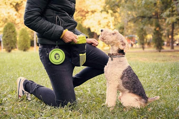 Dog Treat Pouch for Training & Walking, Pet Treat Bag with Poop Bag Dispenser, Pro Clicker, Collapsible Travel Bowl & Reflective Shoulder Strap - Black/Green