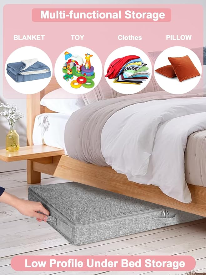 4-In Low Profile Under Bed Storage, Rigid Structure, 2 Pack, Gray | Below 4 Inch Low Space Storage, Rigid Sides & Bottom, Reinforced Handles, Foldable Design, for Couches, Cribs, Dorm Beds
