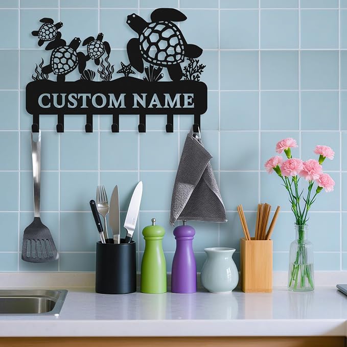 Personalized Key Holder for Wall, Sea Turtle Custom Key Hooks | Sea turtle key organizer, metal key rack for beach house decor, coastal wall hooks, ocean lover and entryway decor