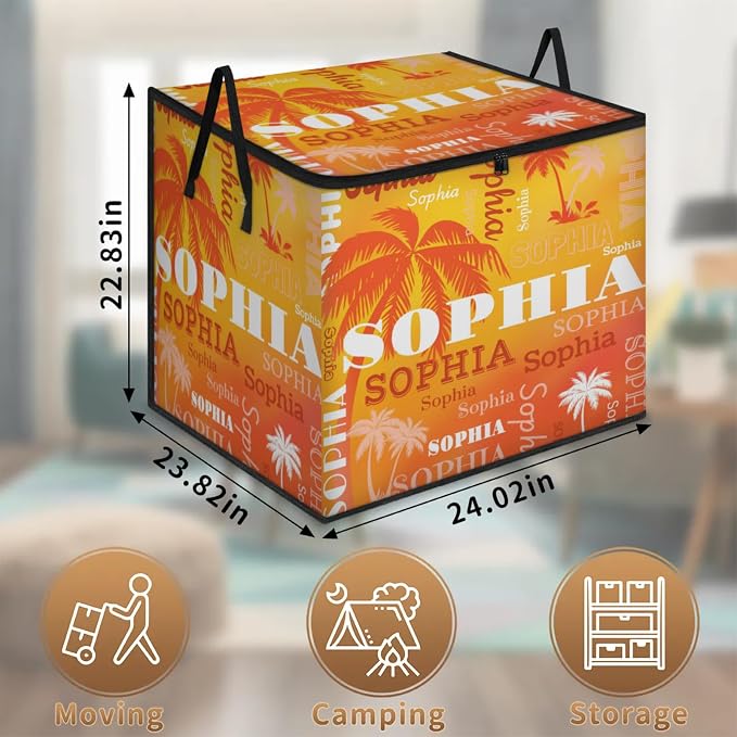 Custom Name Large Clothes Storage Organization with Lids, Shelf Basket, Bedding Clothes Towel Storage Bin for Nursery, Gift Basket, Pet Basket, Dark Orange Tropical Palm Trees Gradient Yellow Orange