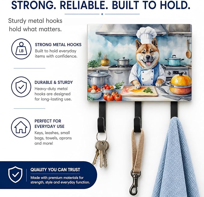 Caroline's Treasures Akita The Chef Leash or Key Holder Wall Hooks, Key Hooks Holder, Coat Rack Wall Mount, Coat Hooks, Hooks for Hanging Keys, Towels, Aprons, Leashes | Akita The Chef artwork on ceramic tile with three steel hooks for keys, leashes, t...