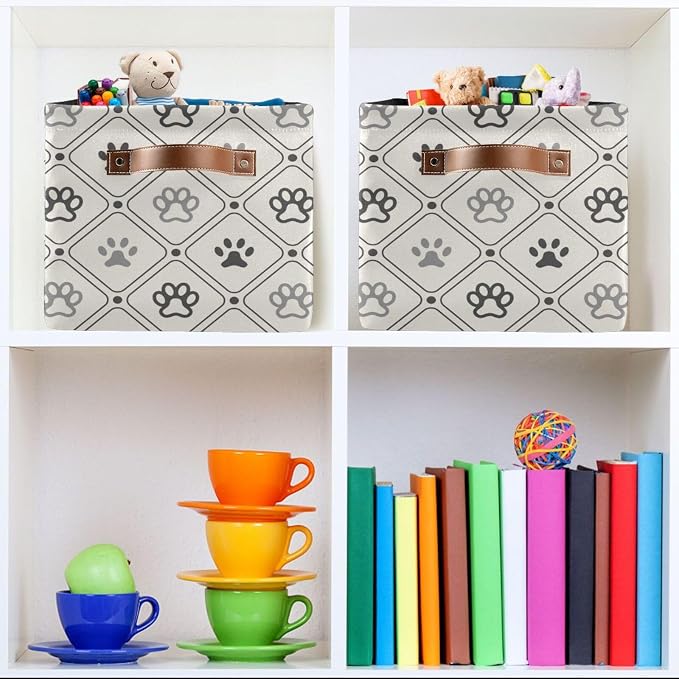 Didi & Hosa Storage Basket Cube Animal Pattern Of Paw Footprint Collapsible Toys Shelf Baskets Bin with Handle Laundry Organizer Storage Box for Home School & Office