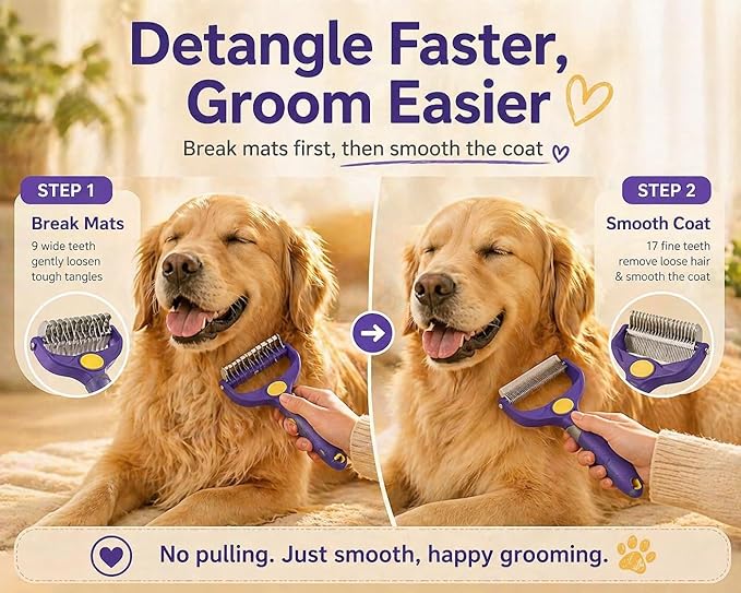 Dog Dematting Comb for Matted Hair, 9+17 Teeth 2-Step Detangler, Stainless Steel Undercoat Rake with Flea Comb, 3-in-1 Grooming Tool for Long-Haired Dogs