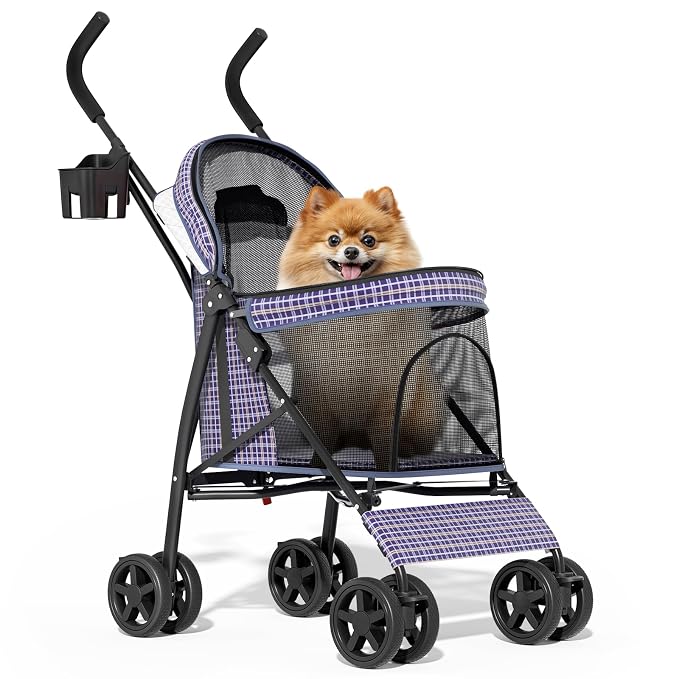 MoNiBloom Pet Stroller for Small/Medium Dogs and Cats up to 22 lbs, Plaid | Foladble 4 Wheels Easy-Fold Puppy Cage Jogger Stroller with Sun Cover, Pad and Rear Storage Bag, Breathable and Visible Mesh