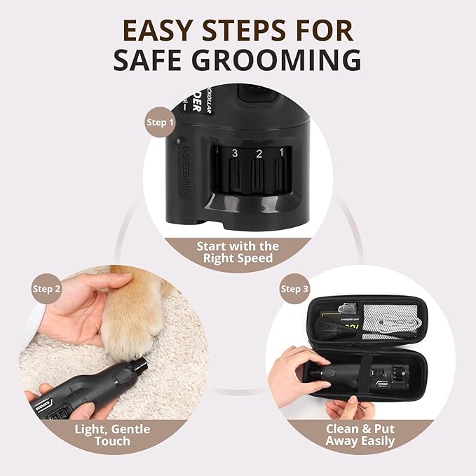 6-Speed Quiet Dog Nail Grinder with LED Light, Low-Vibration Electric Pet Nail Trimmer for Dogs and Cats, Safe Grooming Kit for Beginners, Complete Set with Storage Case