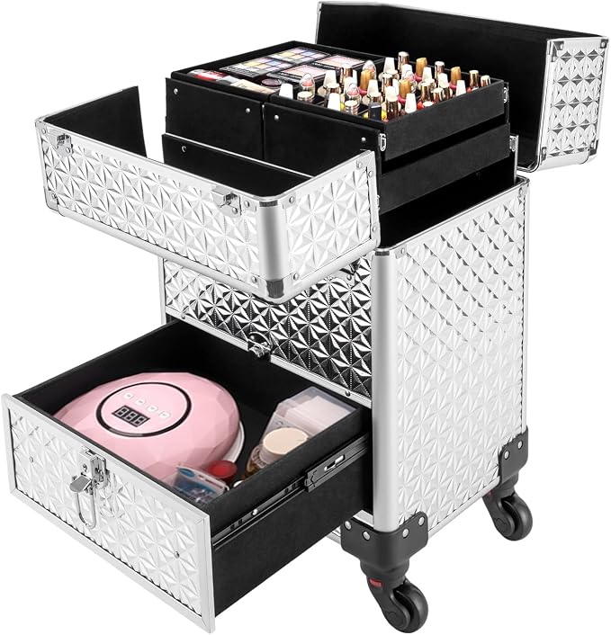 Makeup Rolling Case, Professional Rolling Nail Case Wheeled Manicure Storage Case Polish Organizer w/ Universal Wheels, Portable Adjustable Studio Travel Cart for Nail Technicians Hairstylist (Sliver)
