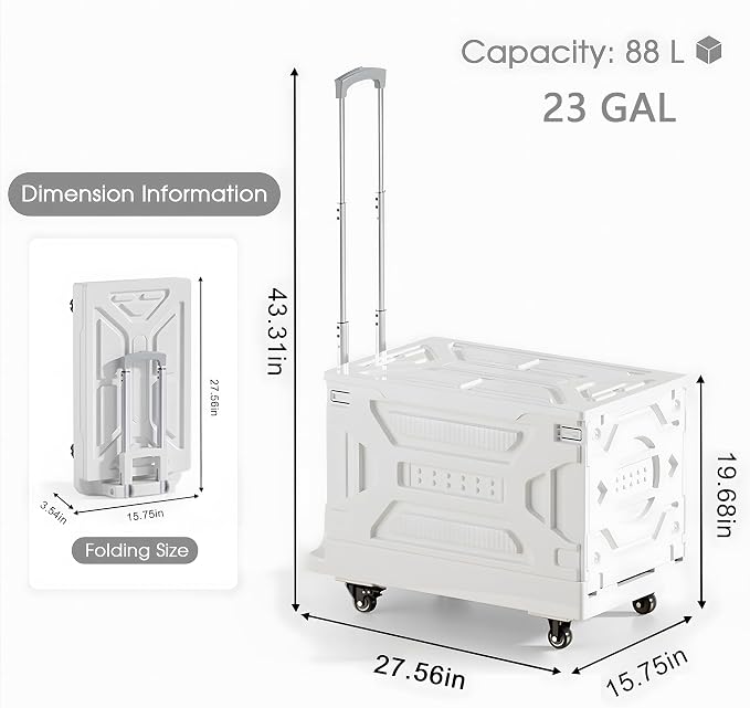 VECELO 88LHeavy-Duty 2-in-1 Foldable Utility Cart, Large Capacity Rolling Crate, Thickened Material with Silent Swivel Wheels, Dual Modes (Basket/Flatbed) for Grocery, Laundry, Camping, White