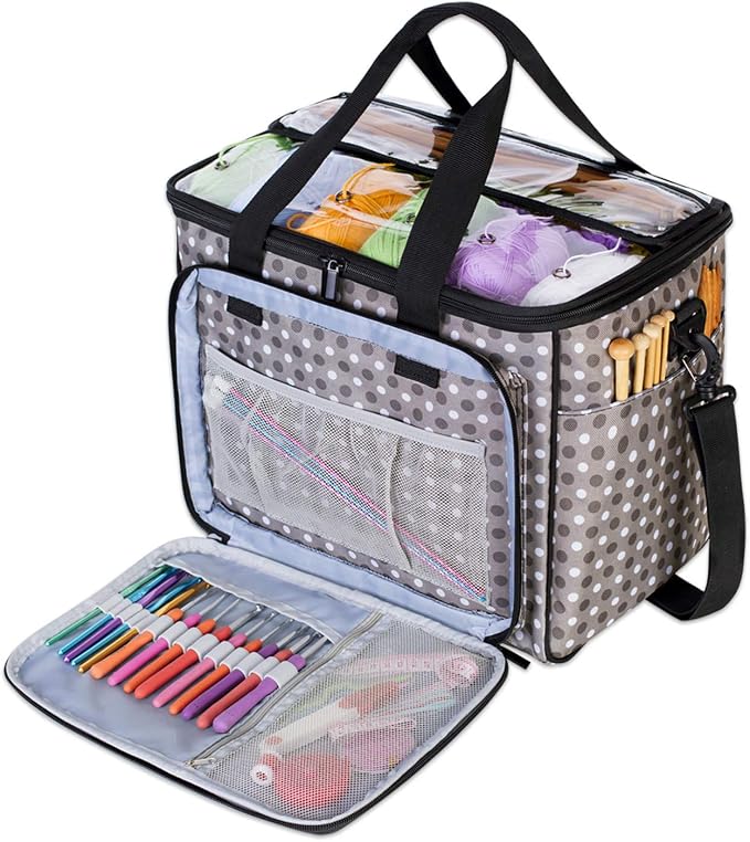 Teamoy Knitting Bag, Yarn Storage Organizer Crochet Bag Tote, Gray Dots | Yarn Holder with Inner Divider(Sewn to Bottom) for Crochet Hook, Knitting Needles(Up to 14"), Project and Crocheting Supplies