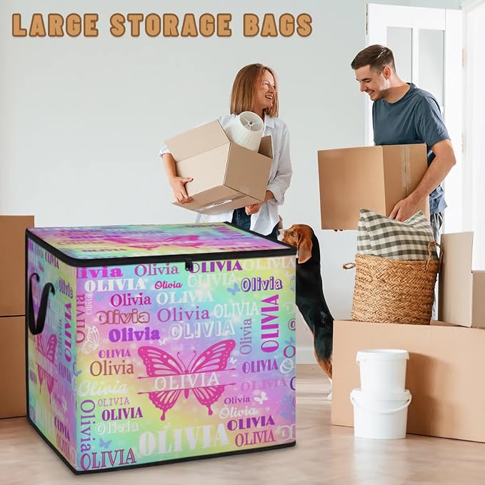 Personalized Butterflies Storage Bags with Lid Large Blanket Clothes Organization Storage Containers for Comforters,Bedding, Foldable Organizer with Reinforced Handle, Colorful Galaxy with Stars