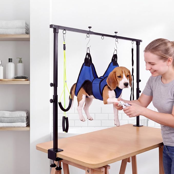 Dog Grooming Arm Double Rod with Hammock, Sturdy Metal Pillar Not Wobble | with Adjustable Metal Clamp Holder Fits Tables Up to 1.65" for Small Medium Dogs Cats Nail Trimming Bathing Drying