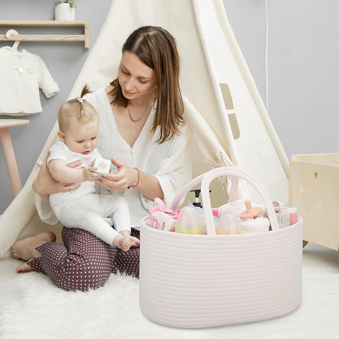 COMSE Large Cotton Rope Baby Diaper Caddy Organizer with Handles, White