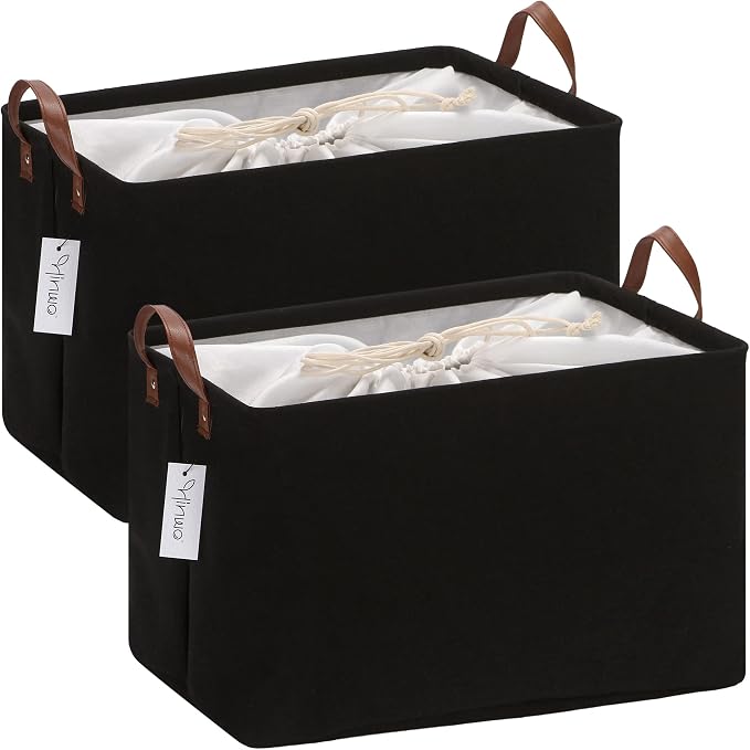 Hinwo 31L Large Canvas Storage Bin with Lid and Handles, 2-Pack | Collapsible Fabric Baskets, Closet Shelf Organizers, Containers for Clothing, Blankets, Toys, Bedding (Black)