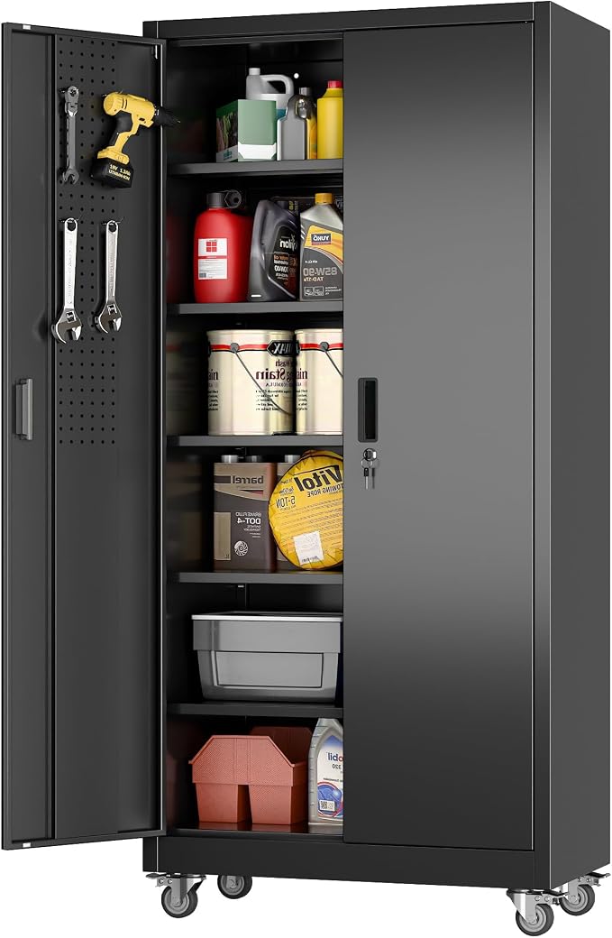 Black Metal Garage Storage Cabinet with Wheels, 34"W x 18"D x 71"H | 5 adjustable shelves hold up to 170 lb each; 4 lockable casters and lockable doors organize tools and supplies.