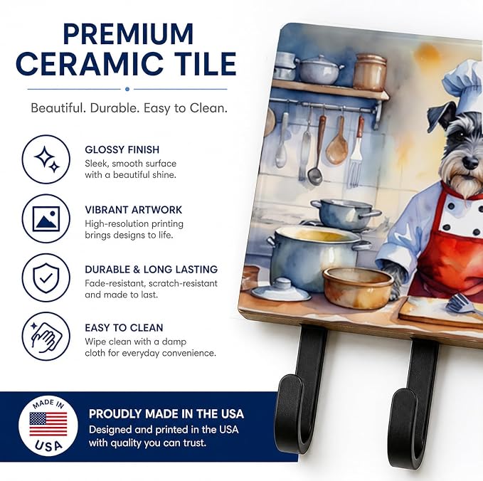 Caroline's Treasures Schnauzer The Chef Leash or Key Holder Wall Hooks, Key Hooks Holder, Coat Rack Wall Mount, Coat Hooks, Hooks for Hanging Keys, Towels, Aprons, Leashes | Schnauzer The Chef artwork on ceramic tile with three steel hooks for keys, le...