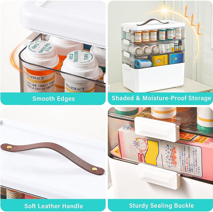 Homaigie Extra Tall 4-Tier Medicine Cabinet Organizer for Medicine Bottles Organizer, Portable Medicine Storage Box with Leather Handle, Empty First Aid Kit Container for Home, Classroom