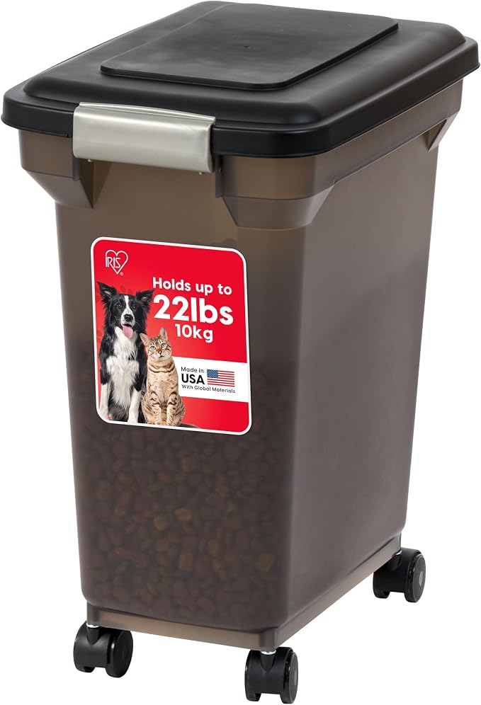 IRIS USA Dog Food Storage Container, Up to 22 lbs, Smoke, Made in USA | Wheels for Mobility, Airtight Seal, BPA-Free, Best for Cat Food, Bird Seed, Chicken Feed, Pet Toys, Treats, Pellets