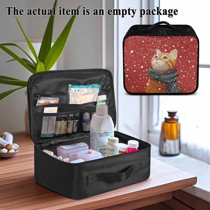 Empty First Aid Bag Red Winter Cat Medical Bag Empty Large Capacity for Home Office and Travel Use Lightweight Washable Soft Fabric Organizational Pouch