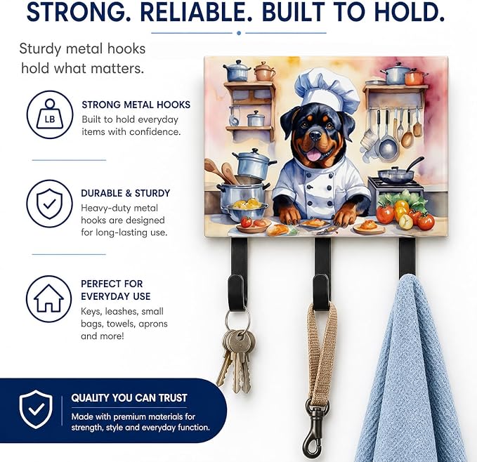 Caroline's Treasures Rottweiler The Chef Leash or Key Holder Wall Hooks, Key Hooks Holder, Coat Rack Wall Mount, Coat Hooks, Hooks for Hanging Keys, Towels, Aprons, Leashes | Rottweiler The Chef artwork on ceramic tile with three steel hooks for keys, ...
