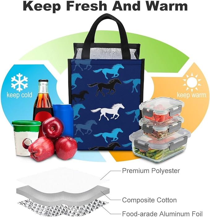 Reusable Insulated Lunch Bags Thermal Lunch Tote Bag Portable Travel Lunchbox Compatible with Sea Blue Camouflage Camo Horse Food Containers Bag