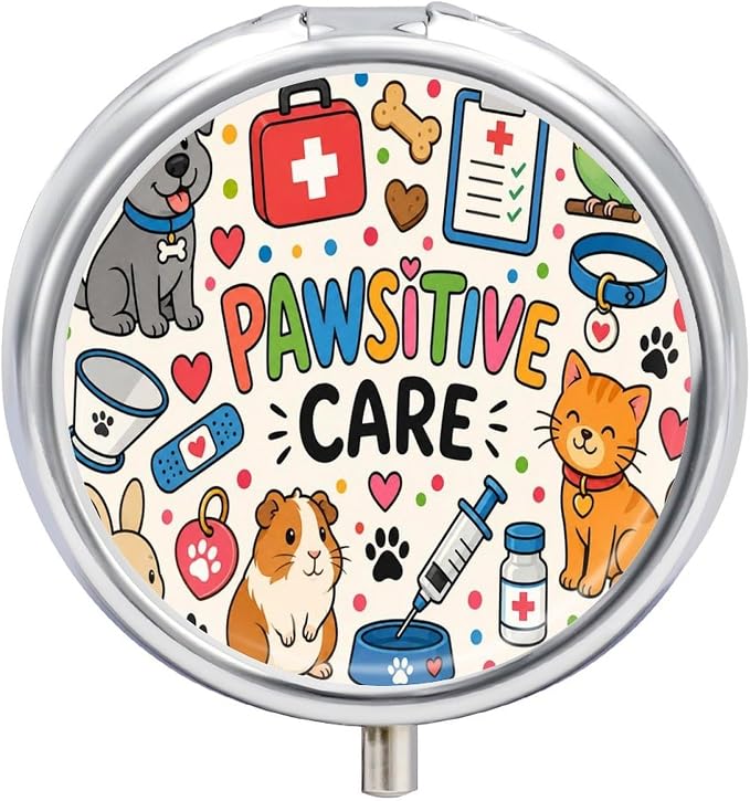Pawsitive Care and Pet Love Round Pill Box with 3 Compartments, Portable Travel Pill Organizer with Spring Snap Closure for Vitamins Supplements Fish Oil