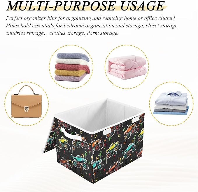 Storage Bins with Lid Monster Truck Foldable Storage Boxes 40L Baskets | Decorative Storage Boxes, Dust-Proof Flip Top, Reinforced Handles, For Home & Bedroom, Clothes & Toy Box, Oxford Fabric Print