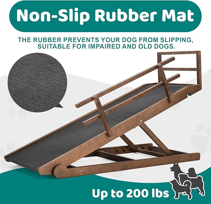Dog Ramp for Bed & Couch, Foldable Wooden Pet Ramp, 5 Adjustable Heights | Height up to 23.5", Portable Dog Ramp with Non-Slip Rubber Surface & Safety Railings, Pet Ramp for Small, Large, Senior Dogs