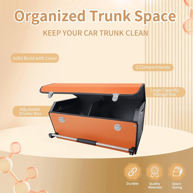 Car Trunk Organizer Leather Car Storage Organizer with Lid Car Organizer | Suv Trunk Organizer with Sturdy Handle Car Cargo Storage Box for Minivan, Sedan, Jeep (Orange, 27 x 11.4 x 12.2in)