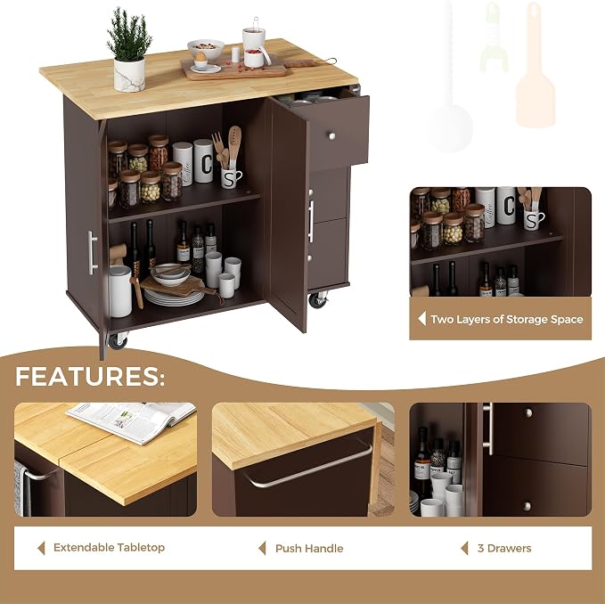 JY QAQA 40" Kitchen Island Cart Furniture cart on Wheels Rolling Portable Dining Room Serving Utility Carts Mobile Movable with Drawers Cabinet,Brown