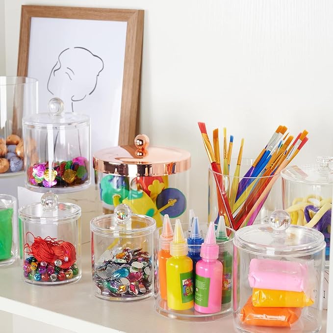 SheeChung 6 Pack Acrylic Qtip Holder with Labels, Qtip Jars for Bathroom | (3) 10oz & (3) 12oz Qtip Holder Set Shatterproof Bathroom Vanity Organizer for Cotton Swabs, Balls, Pads - Minimalist Decor