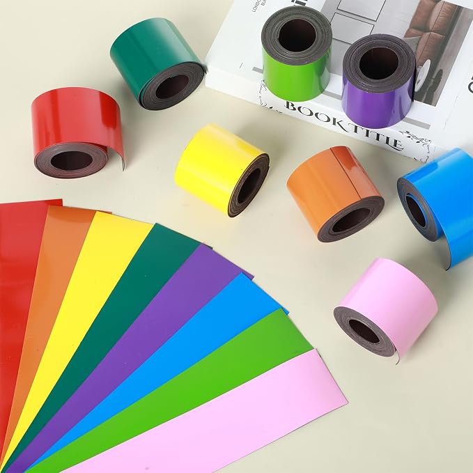 8 Pcs Dry Erase Magnetic Strips for Classroom, 2 in x 9.8 ft Colorful Magnetic Tape Roll Blank Magnets Sticky Labels Writable Flexible Magnet Sheet for Whiteboard Refrigerator Locker Shelf | Colorful Writable Strips, Flexible Adhesive, For Refrigerator...