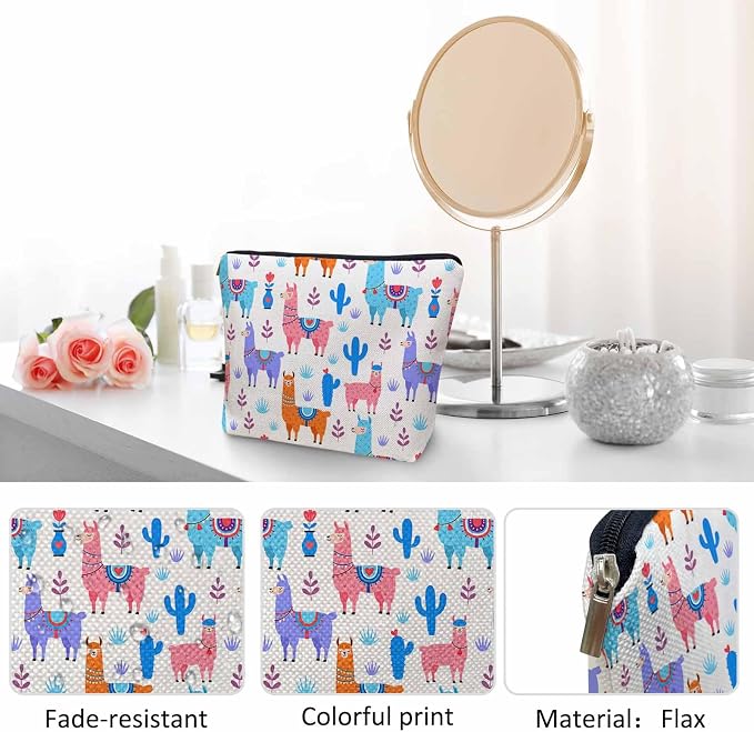 Makeup Bag For Purse Llama, Cartoon Llama Alpaca Cactus Cosmetic Bags For Women With Zipper Travel Toiletry Pouch Makeup Bags Makeup Organizers Purse For Toiletries Cosmetics