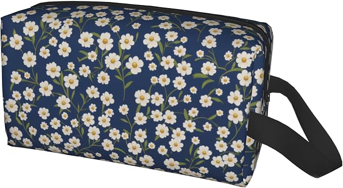 Navy Blue Daisy Makeup Bag - Durable 600D Oxford Fabric Travel Cosmetic Bag, Shockproof Foam Padded Toiletry Organizer for Gym & Daily Use 10x6.2x4.9 Inch