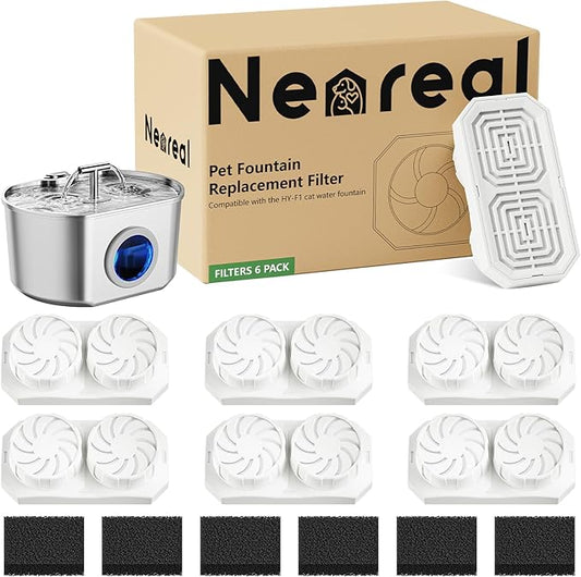 Neareal Official Cat Fountain Replacement Filters & Pre-Filter Sponges for 74oz/2.2L Stainless Steel Pet Water Fountain (6 Pack)